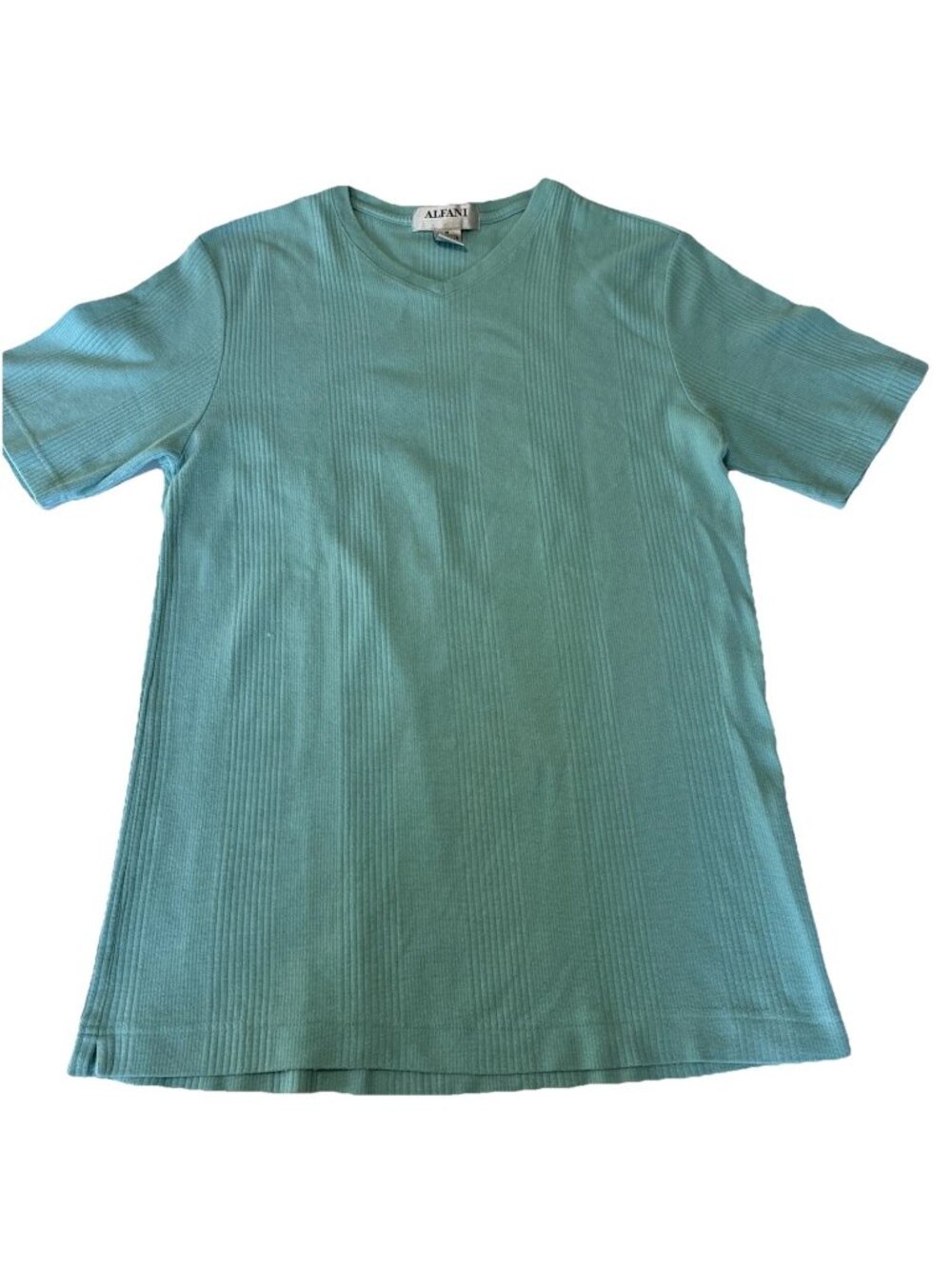Alfani Womens M Teal Ribbed Knit Top Stretch Short Sleeve Crew Neck Blouse Shirt
